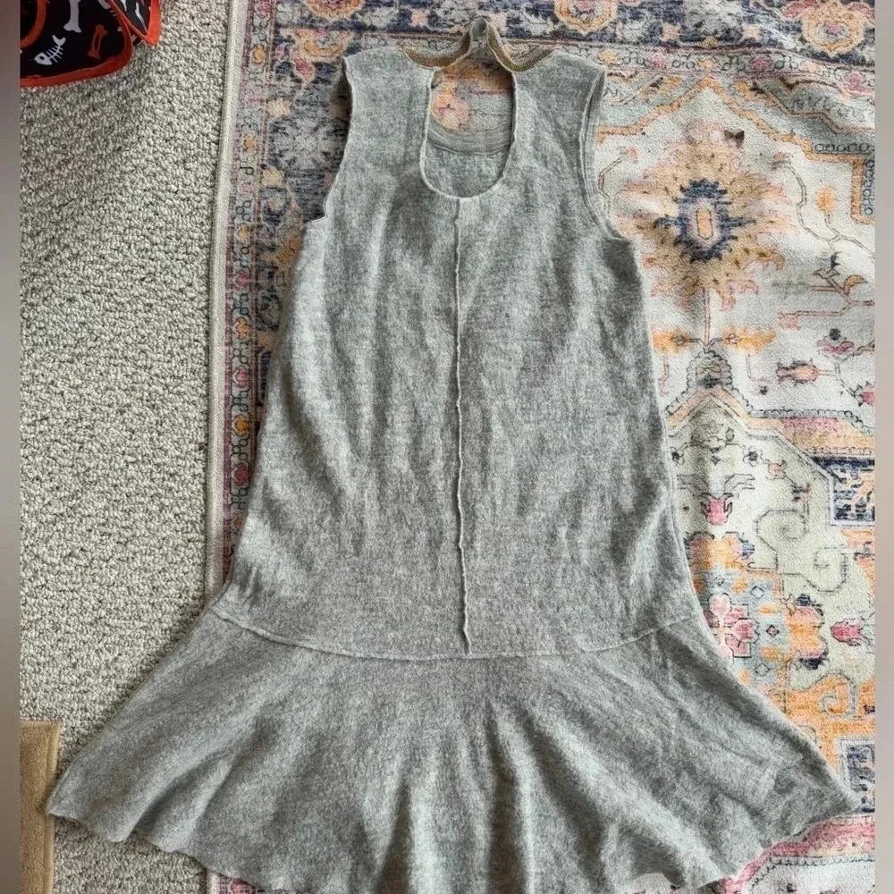 NWOT Anthropologie Knitted And Knotted Gray Gold Floral Wool Peplum Dress Large - Picture 6 of 8
